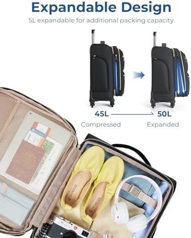 BAGSMART Softside Expandable Luggage Airline Approved with Spinner Wheels, 20 Inch Carry On Luggage 22x14x9 with TSA Lock, Quilted Rolling Suitcases for Women, Black - Image 4