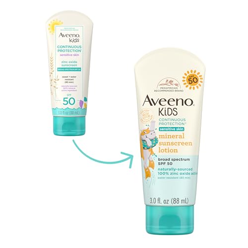 Aveeno Kids Continuous Protection Zinc Oxide Mineral Sunscreen Lotion for Children's Sensitive Skin with Broad Spectrum SPF 50, Tear-Free, Sweat- & Water-Resistant, Non-Greasy, 3 fl. oz - Image 2