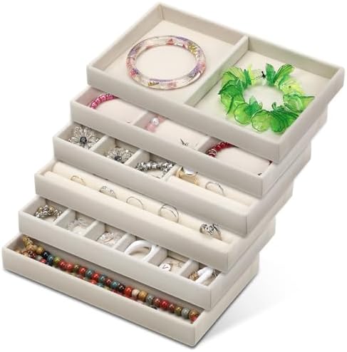 6 Set of Jewelry Drawer Organizer, Stackable Jewelry Organizer Drawer Inserts Container Display Case Storage for Earring Necklace Rings Bracelet with Removable Dividers,Apricot - Image 8