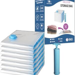 7 Pack Small Space Saver Vacuum Storage Bags for Clothing Travel, Vacuum Seal Compression Bags for Clothes, Packing, Luggage, Blankets, Comforters and Pillows, Hand Pump Included