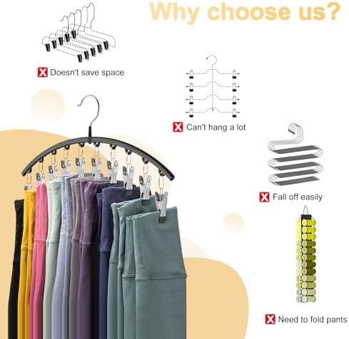 Legging Organizer for Closet, Metal Yoga Pants Hangers 2 Pack w/10 Clips Holds 20 Leggings, Space Saving Hanging Closet Organizer w/Rubber Coated Closet Organizers and Storage, Black - Image 2