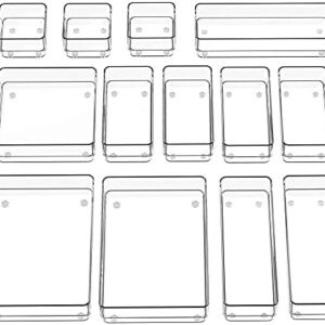 SMARTAKE 13-Piece Drawer Organizer with Non-Slip Silicone Pads, 5-Size Desk Drawer Organizer Trays Storage Tray for Makeup, Jewelries, Utensils in Bedroom Dresser, Office and Kitchen (Clear)