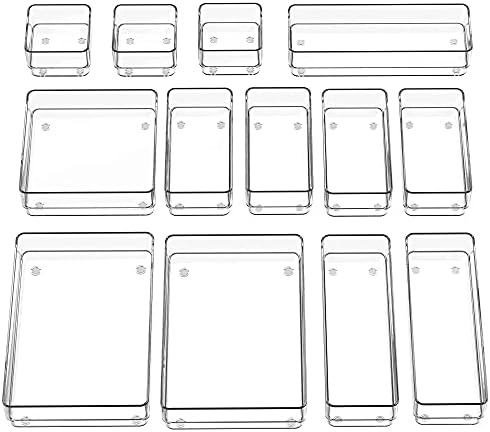 SMARTAKE 13-Piece Drawer Organizer with Non-Slip Silicone Pads, 5-Size Desk Drawer Organizer Trays Storage Tray for Makeup, Jewelries, Utensils in Bedroom Dresser, Office and Kitchen (Clear)