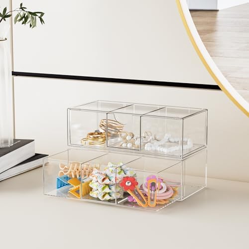 Hair Accessories Organizer for Girls, Clear Acrylic Hair Bow Tie Clip Scrunchie Holder with Divider, Cute Small Stackable Storage Drawer Container Caddy Box for Bathroom Vanity Countertop - Image 6