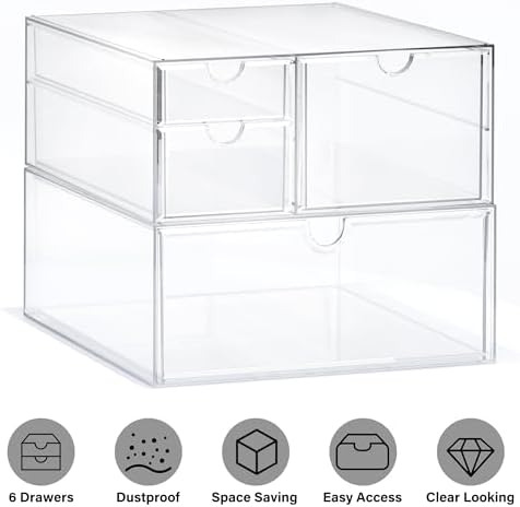 Prsildan Acrylic Drawer Makeup Organizer with 4 Drawers, Set of 2 Office Desk Organizers Accessories, Clear Stackable Storage Drawers for Vanity, Countertop, Craft, Jewelry, Art Supply Organization - Image 5