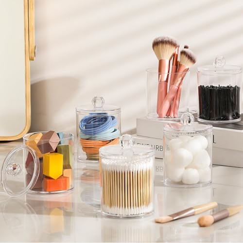 4 Pack Acrylic Qtip Holder Dispenser for Cotton Swabs, Balls, Pads, Floss Picks- Small Clear Plastic Canister Apothecary Jar Set, Bathroom Essentials Accessories Decor, Vanity Makeup Storage Organizer - Image 3