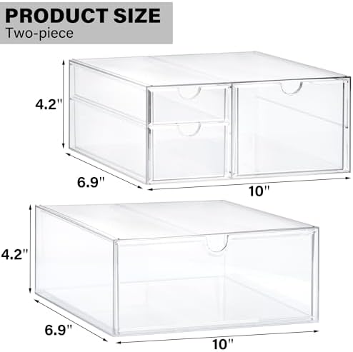 Prsildan Acrylic Drawer Makeup Organizer with 4 Drawers, Set of 2 Office Desk Organizers Accessories, Clear Stackable Storage Drawers for Vanity, Countertop, Craft, Jewelry, Art Supply Organization - Image 3