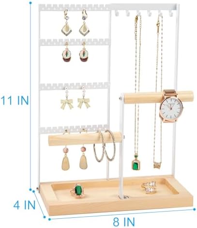 Jewelry Organizer Stand, Jewelry Holder, Lengnoy 4 Tier Earring Holder with 48 Holes and 6 Hooks Necklace Organizer Wood Box for Necklace Bracelet Earring Ring, White - Image 4