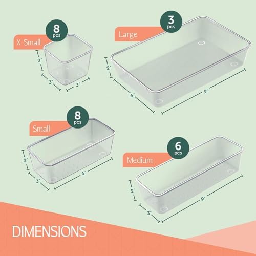 25 PCS Clear Plastic Drawer Organizers Set, 4 Sizes Clear Drawer Organizers & storage Bins for Makeup/Jewelry Vanity, Kitchen Gadgets Or Office Desk. Bathroom Drawer Organizer Trays With Non-Slip Pads - Image 2