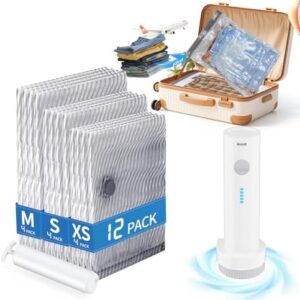 12 PCS Vacuum Seal Bags for Clothing with Electric Air Pump, Compression Space Saver, Vacuum Storage Bags for Luggage, Travel, Blankets, Pillows, Bedding and Moving, Hand Pump Included