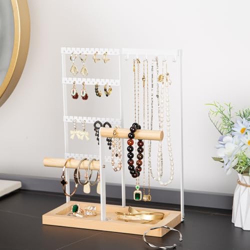 Jewelry Organizer Stand, Jewelry Holder, Lengnoy 4 Tier Earring Holder with 48 Holes and 6 Hooks Necklace Organizer Wood Box for Necklace Bracelet Earring Ring, White - Image 2