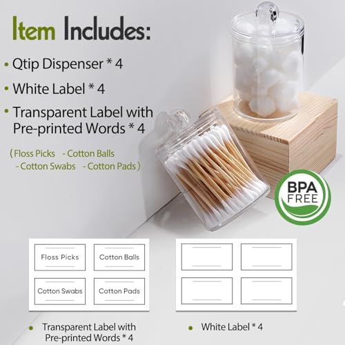 4 Pack Acrylic Qtip Holder Dispenser for Cotton Swabs, Balls, Pads, Floss Picks- Small Clear Plastic Canister Apothecary Jar Set, Bathroom Essentials Accessories Decor, Vanity Makeup Storage Organizer - Image 2