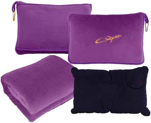 Travel Blanket & Pillow Set, 300 GSM Soft Fleece, 60x43 Inches, 3-in-1 Airplane Blanket, Travel Pillow and Blanket Set, Travel Blanket Airplane Compact with Bag, Travel Essentials, Violet