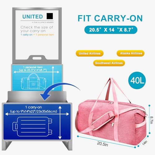 Carry on luaggage 22x14x9 Airlines Approved, Foldable Travel Duffel Bags Weekender Overnight Carry on Duffel Luggage Gym Duffle Bag with Wet Pocket & Shoe Compartment for Women Men(Pink, 40L) - Image 3