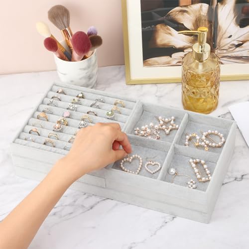 Fixwal Jewelry Organizers and Storage, 14in Stackable Jewelry Drawer Organizer, Set of 5 Jewelry Trays with Removable Dividers, Multi-Layer Tray for Earrings Necklaces Bracelets Watches, Grey - Image 6