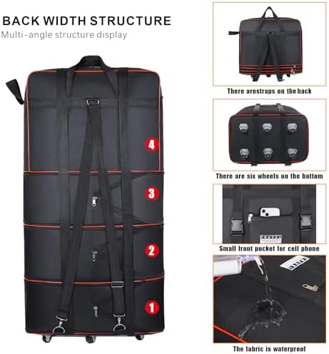 Expandable Large Capacity Travel Bag Oxford Cloth Duffel Bag with Wheels Lightweight Waterproof Travel Foldable Suitcase(Black) - Image 6