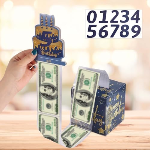 lasuroa Happy Birthday Money Pull Box, Cash Gift Box with Pull-Out Card Fun Money Holder for Birthdays Parties Includes 100pcs Transparent Bags Number Stickers for Boys & Girls (Blue) - Image 3