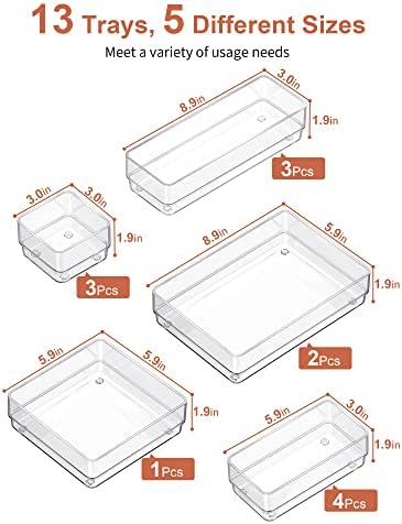SMARTAKE 13-Piece Drawer Organizer with Non-Slip Silicone Pads, 5-Size Desk Drawer Organizer Trays Storage Tray for Makeup, Jewelries, Utensils in Bedroom Dresser, Office and Kitchen (Clear) - Image 2