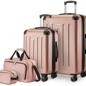 Amazon Basics 4-Piece Luggage Set, Including Two Hardside Suitcases With Multidirectional Spinner Wheels (22" CarryOn and 28" Checked), Plus 15-inch Tote Bag and 10-inch Compact Travel Bag, Rose Gold