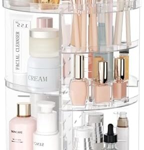 Rotating Makeup Organizer, DIY 8 Adjustable Layers Spinning Skincare Organizer, Cosmetic Display Case with Brush Holder Perfume Tray, Multi-Function Storage Carousel for Vanity Bathroom Countertop