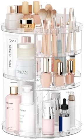 Rotating Makeup Organizer, DIY 8 Adjustable Layers Spinning Skincare Organizer, Cosmetic Display Case with Brush Holder Perfume Tray, Multi-Function Storage Carousel for Vanity Bathroom Countertop