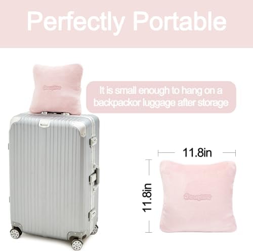 Travel Blanket Pillow, Premium 2 in 1 Flannel Airplane Blanket Compact for Travel,Office, Home,Travel Essentials Accessories for Plane and Car,Compact Office Blanket (Pink) - Image 5