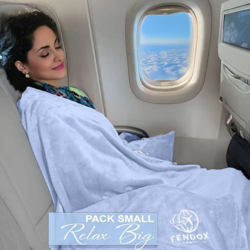 2-in-1 Travel Blanket and Pillow – Lightweight, Compact, Ultra Soft, Machine Washable – Handle, Luggage Sleeve, Backpack Clip – for Travel Airplane, Car, Office (Light Blue) - Image 5