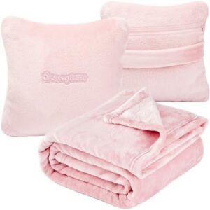 Travel Blanket Pillow, Premium 2 in 1 Flannel Airplane Blanket Compact for Travel,Office, Home,Travel Essentials Accessories for Plane and Car,Compact Office Blanket (Pink)