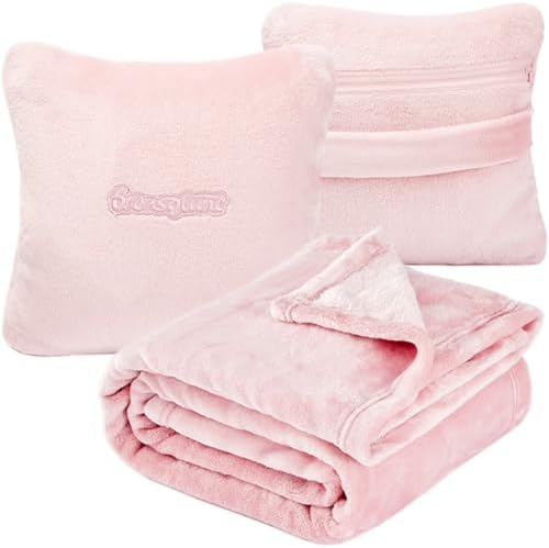 Travel Blanket Pillow, Premium 2 in 1 Flannel Airplane Blanket Compact for Travel,Office, Home,Travel Essentials Accessories for Plane and Car,Compact Office Blanket (Pink)