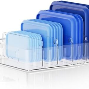 LYNG Lid Organizers Inside Cabinet, Clear Plastic Storage Lid Organizer With 4 Adjustable Dividers, Food Container Lid Organizer For Kitchen Pantry