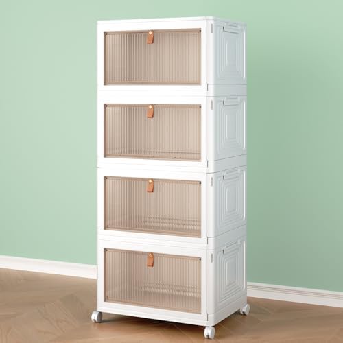 4 Tier Storage Bins with Lids, 23QT Stackable Closet Organizers and Storage with Wheels, Collapsible Storage Boxes, Foldable Plastic Storage Containers for Home,Office, Dorm Room-White - Image 8