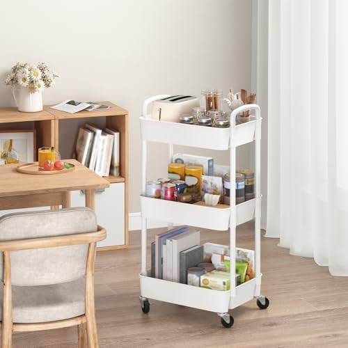 Sywhitta 3-Tier Plastic Rolling Utility Cart with Handle, Multi-Functional Storage Trolley for Office, Living Room, Kitchen, Movable Storage Organizer with Wheels, White - Image 3