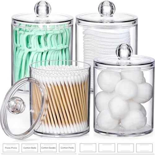 4 Pack Acrylic Qtip Holder Dispenser for Cotton Swabs, Balls, Pads, Floss Picks- Small Clear Plastic Canister Apothecary Jar Set, Bathroom Essentials Accessories Decor, Vanity Makeup Storage Organizer - Image 9