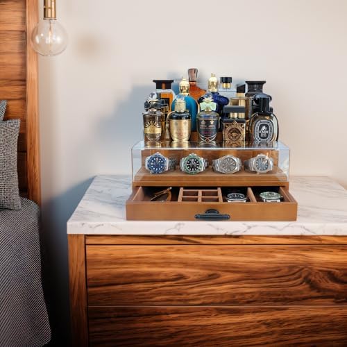Cologne Watch Organizer Walnut Brown – Wooden Perfume Display Stand with Jewelry Storage Drawer, Velvet Lining, Hidden Compartment – Large Cologne Holder – Gift Box Included - Image 8