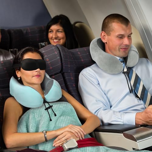 Travel Pillow and Blanket Set Neck Pillow Airplane Memory Foam for Traveling Compact with Bag Blue Green - Image 5
