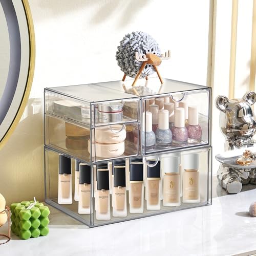 Prsildan Acrylic Drawer Makeup Organizer with 4 Drawers, Set of 2 Office Desk Organizers Accessories, Clear Stackable Storage Drawers for Vanity, Countertop, Craft, Jewelry, Art Supply Organization - Image 2