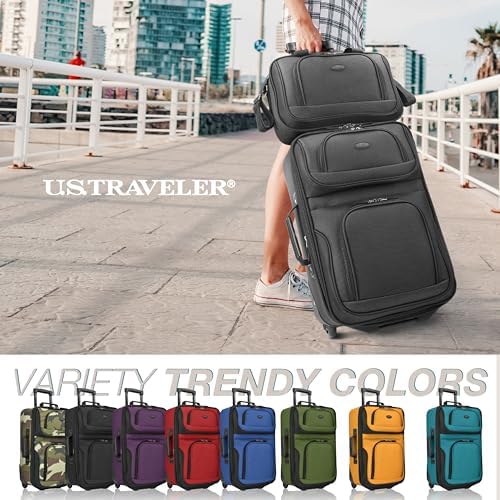U.S. Traveler Rio Fabric Expandable Carry-on Luggage, Rolling Suitcase, Black, 2 Wheel Set - Image 2