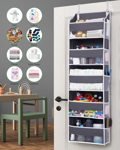 ULG 1 Pack Over Door Organizer with 5 Large Pockets 10 Mesh Side Pockets, 44 lbs Weight Capacity Hanging Storage Organizer with Clear Window Kids Toys, Shoes, Diapers, Dark Grey, 5 Layers - Image 7