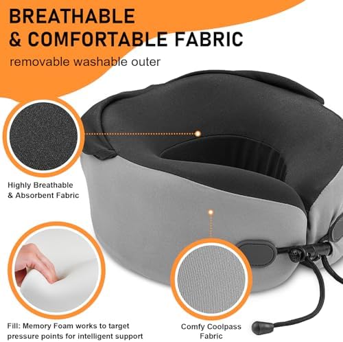 Neck Pillow for Travel - Hooded Memory Foam Plane Pillow for Airplane, Office, Cars Sleeping, Long Flight Must Haves, Portable Road Trip Essentials for Adults Gray - Image 4