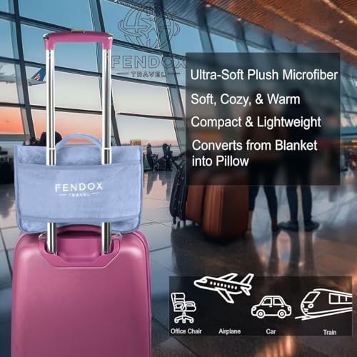 2-in-1 Travel Blanket and Pillow – Lightweight, Compact, Ultra Soft, Machine Washable – Handle, Luggage Sleeve, Backpack Clip – for Travel Airplane, Car, Office (Light Blue) - Image 2