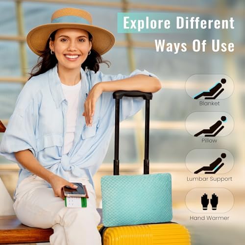 Travel Pillow Blanket Set-3 in 1 Travel Pillow Memory Foam, Soft Travel Blanket Airplane Compact with Bag, Inner Pillowcase, Hand Luggage Belts and Backpack Clip, for Plane Car, Blue Green - Image 6