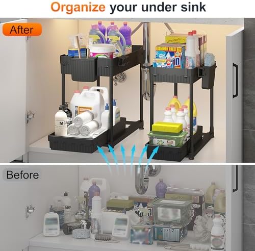 4 Pack Under Sink Organizer, Bathroom Organizers and Storage, 2 Tier Multi-Use Pull Out Cabinet Organizer with Hang Hooks and Cups (Black, 4 Pack) - Image 3