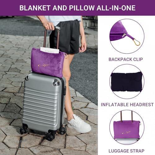Travel Blanket & Pillow Set, 300 GSM Soft Fleece, 60x43 Inches, 3-in-1 Airplane Blanket, Travel Pillow and Blanket Set, Travel Blanket Airplane Compact with Bag, Travel Essentials, Violet - Image 3