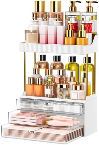 5 Tiers Bathroom Counter Organizer - 3 Drawers Makeup Organizer, Cosmetic Storage Drawer for Dresser Countertop and Bathroom Vanity for Large Skincare, Perfume, Clear