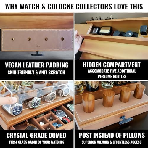 Cologne Watch Organizer Walnut Brown – Wooden Perfume Display Stand with Jewelry Storage Drawer, Velvet Lining, Hidden Compartment – Large Cologne Holder – Gift Box Included - Image 3