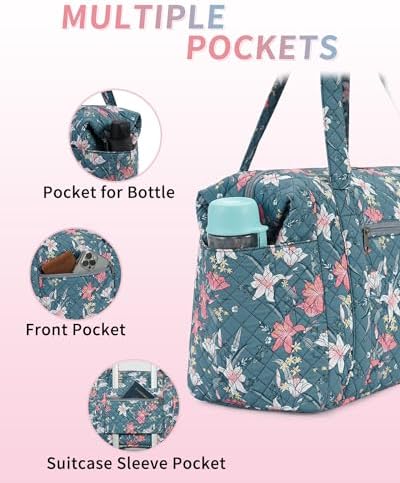 Ceneda Travel Duffle Bag - Quilted Weekender Overnight Bags For Women with Wet Pocket & Shoe Bag, Fits Airline Approved Personal Item Size (Blue Flower) - Image 5