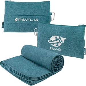 PAVILIA Travel Blanket Airplane Compact with Bag, Small Travel Pillow Blanket Long Flights, Lightweight Plane Blanket with Luggage Strap, Camping Blanket for Traveler Essentials, Teal Blue, 65x40
