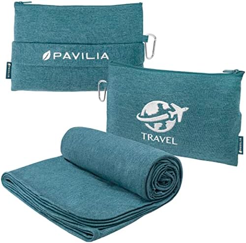 PAVILIA Travel Blanket Airplane Compact with Bag, Small Travel Pillow Blanket Long Flights, Lightweight Plane Blanket with Luggage Strap, Camping Blanket for Traveler Essentials, Teal Blue, 65x40