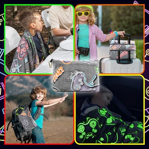 2-in-1 Travel Blanket Pillow Airplane Set - Small Travel Blanket and Pillow Set Airplane Compact for Kids - Glow in The Dark Gaming Blanket Birthday Gifts for Kids Boys Girls 40x60 Inches - Image 4