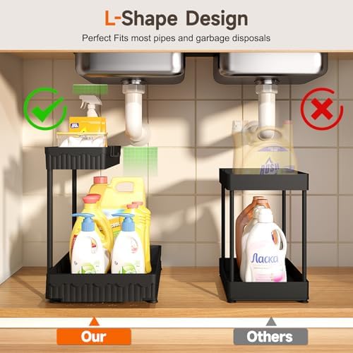 3 Pack Multi-Purpose Under Sink Organizers and Storage, 2025 L-Shaped Pull Out Cabinet Organizer for Bathroom & Kitchen, Under Cabinet Organizer with Hooks Hanging Cup, Black - Image 2